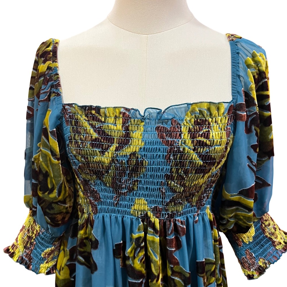 Betsey Johnson Teal Velvet Burnout Puff Sleeve Floral Silk Babydoll Dress M - Picture 9 of 10